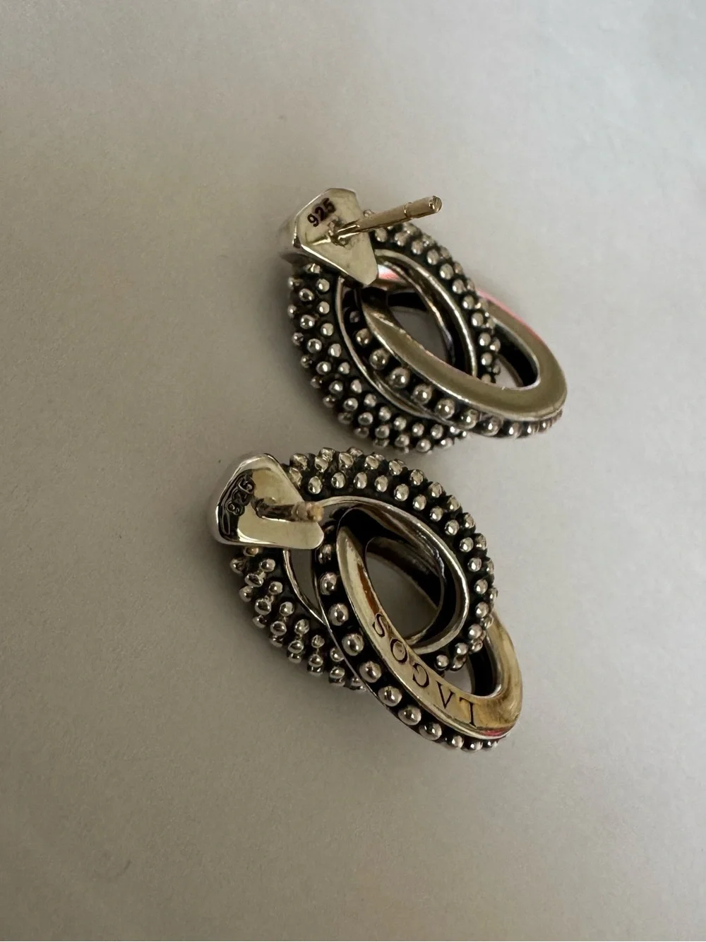 LAGOS Signature Double Oval Caviar Beaded Drop Earrings 925 Sterling Silver - Picture 9 of 9